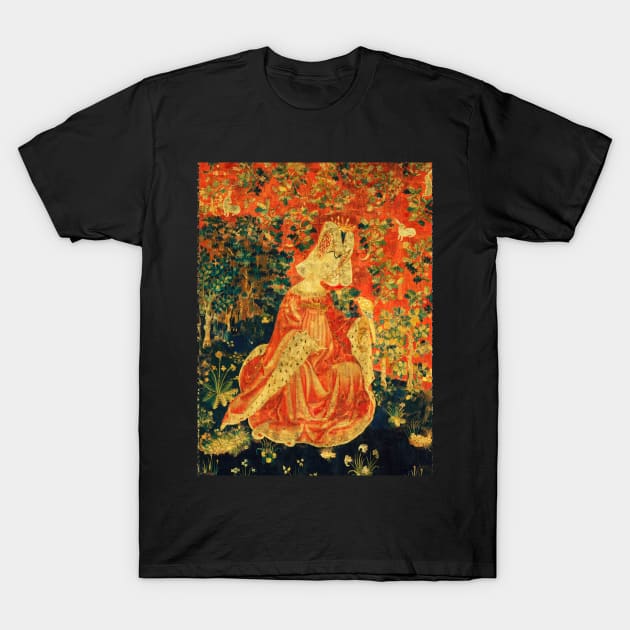 LADY WITH HAWK AMONG FLOWERS AND OAK LEAVES ,HARES, Orange Green Floral T-Shirt by BulganLumini